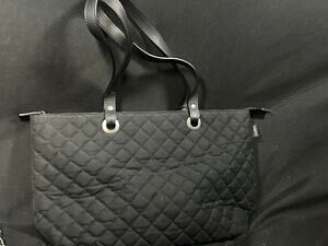 L.L.Bean Black Diamond Quilted Tote Shoulder Bag Leather Handles Zip Top